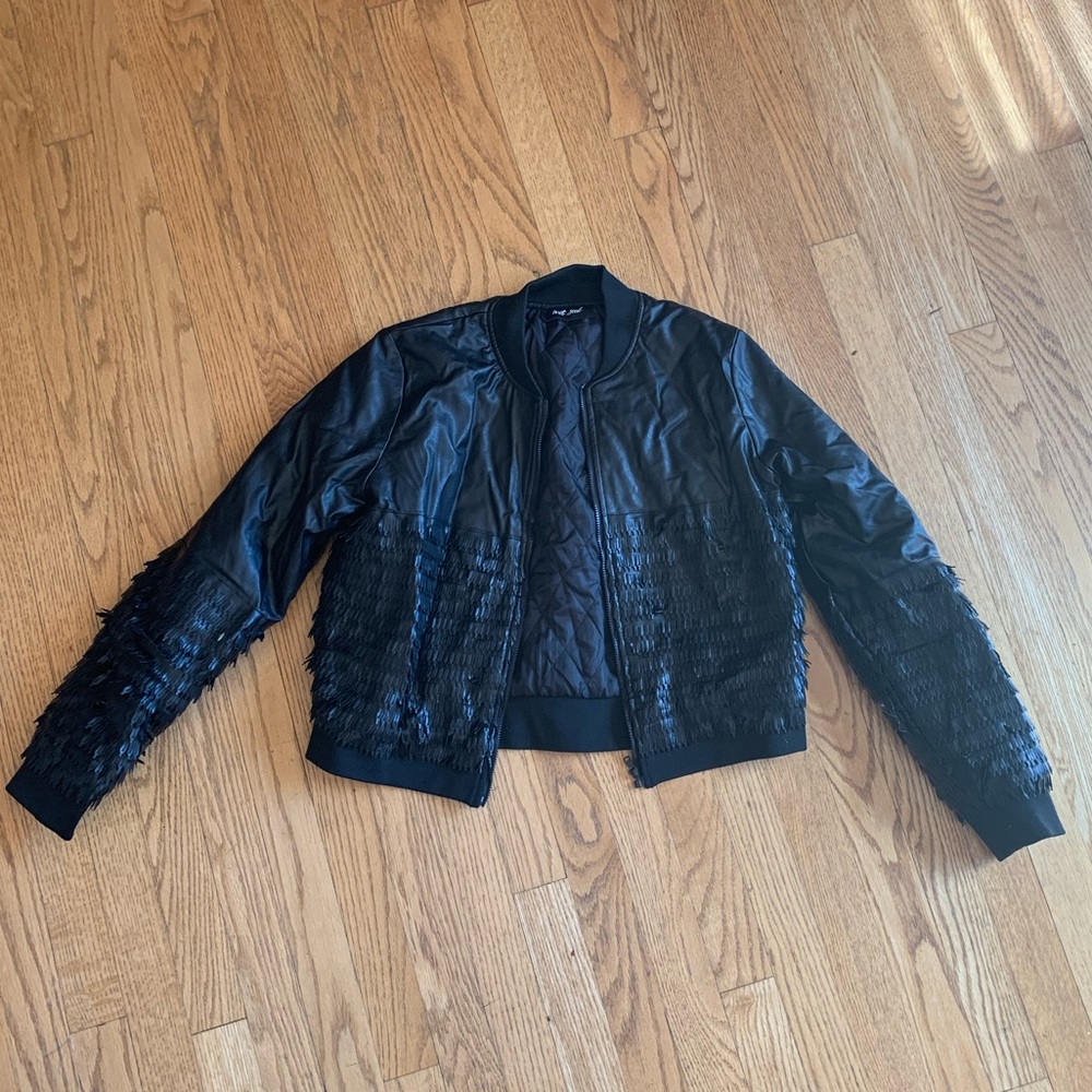 Faux leather fringe bomber jacket